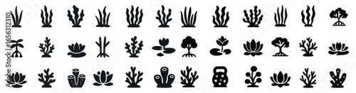 Aquatic plants solid icons set – silhouette, filled, marine and water symbols