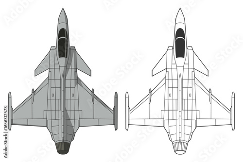 Set JAS 39 gripen military aircraft design in line art and colored style from top view. Vector illustrations europe colorful fighter jet jas 39 gripen. Outline drawing modern sweden combat aircraft.