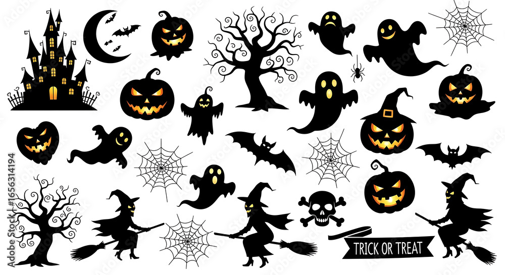 Obraz premium Halloween collection haunted castle pumpkins ghosts witches bats spider webs and trick or treat sign
