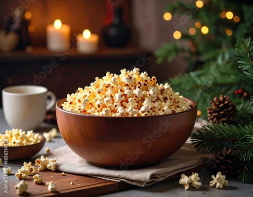 Popcorn in a wooden bowl, festive setting