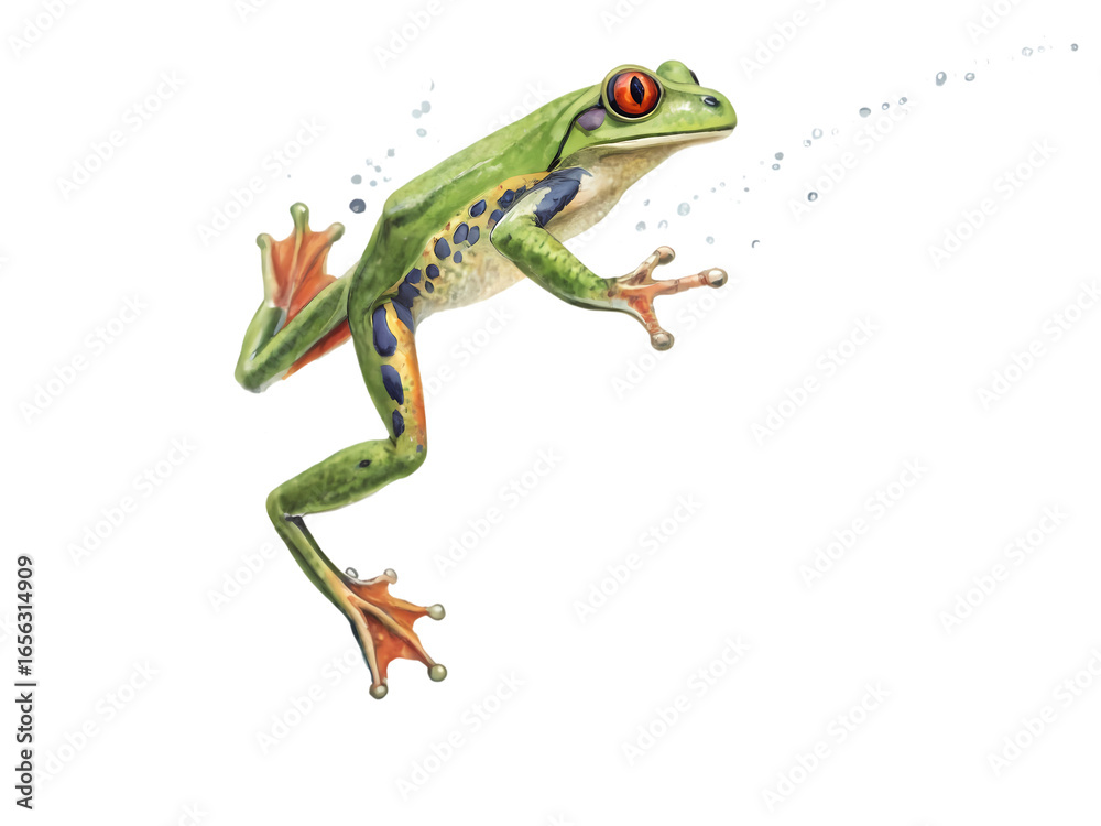 Fototapeta premium Red-Eyed Tree Frog in Mid-Leap: Vibrant Amphibian on White Background isolated on transparent background