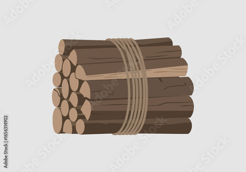 Flat vector illustration of stacked firewood tied with rope