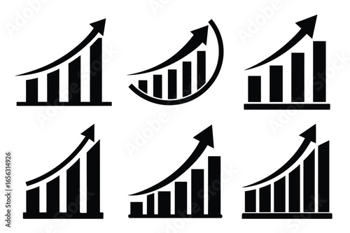 set of black graphic icons of bar charts with upward trending arrows rising growth