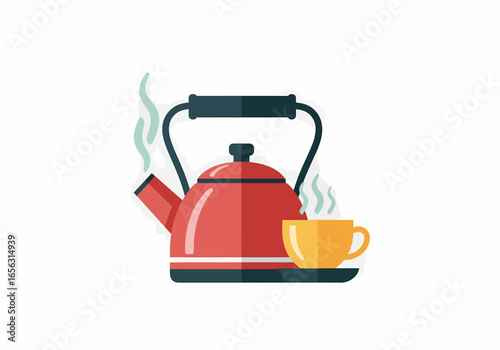Flat vector red kettle and yellow cup with steam