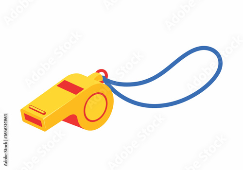 Flat vector whistle with blue lanyard isolated on white