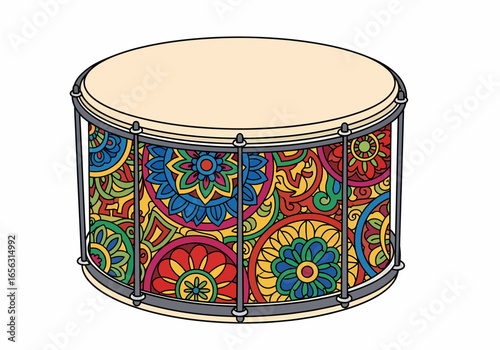 Flat vector drum with colorful floral pattern