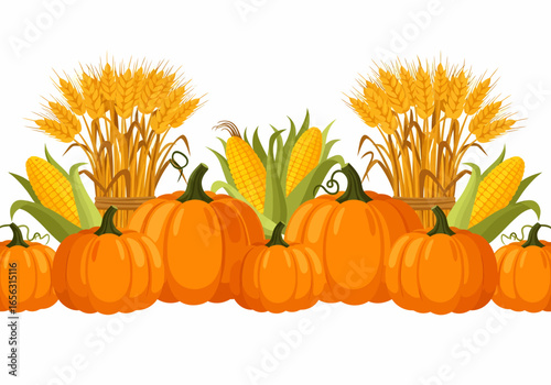 Illustration of pumpkins corn and wheat harvest