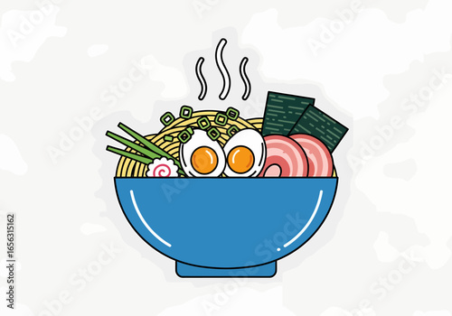 Flat vector delicious ramen bowl with noodles meat and egg