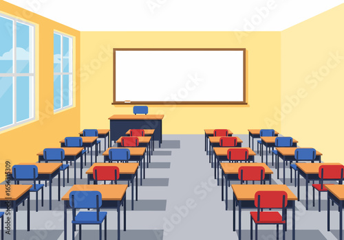 Flat vector school classroom with desks and whiteboard