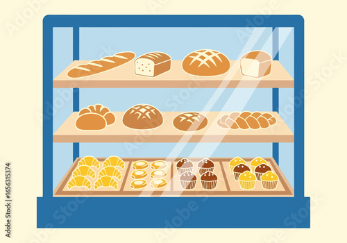 Flat vector bakery display case with fresh bread and pastries