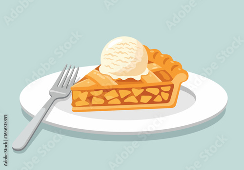 Illustration slice of apple pie with ice cream and fork