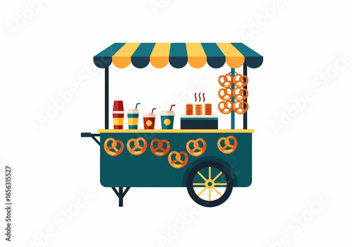Flat vector street food cart selling pretzels and drinks