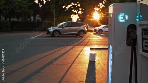Electric Vehicles Charging at Sunset in a Scenic Parking Area, Highlighting Sustainable Technology with a Warm Glow and Long Shadows