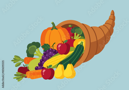 Flat vector cornucopia overflowing with fresh autumn harvest fruits and vegetables