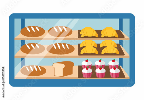 Flat vector bakery display case with bread croissants cupcakes