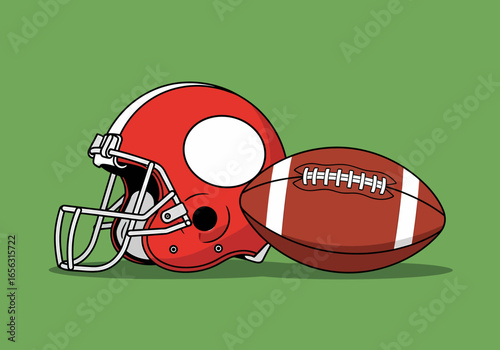 Vector illustration American football helmet and ball on grass