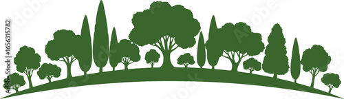 Diverse green tree silhouettes on a gentle hill
