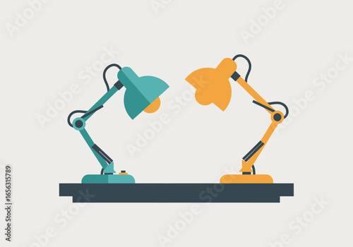 Flat vector two desk lamps facing each other