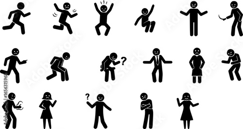 Diverse stick figure poses showing various actions and emotions
