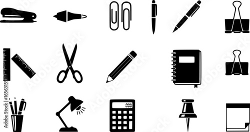 Collection of black office supplies and stationery icons
