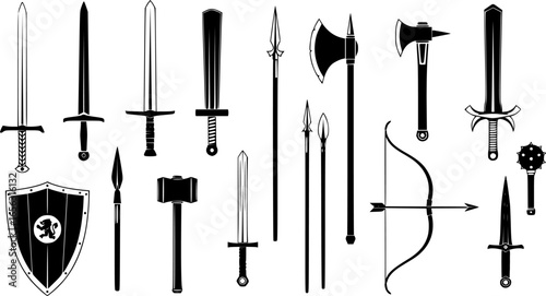 Collection of medieval weapon silhouettes for fantasy and gaming
