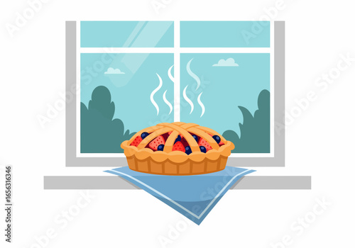 Flat vector hot fruit pie cooling on windowsill