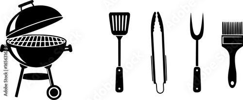 Barbecue grill and utensils silhouette icon set
