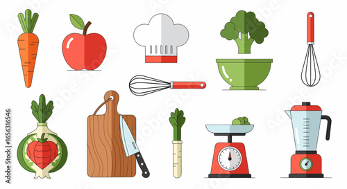 Flat vector food preparation icons healthy ingredients kitchen tools