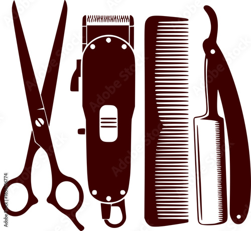 Barbering tools silhouette featuring scissors clippers comb and razor
