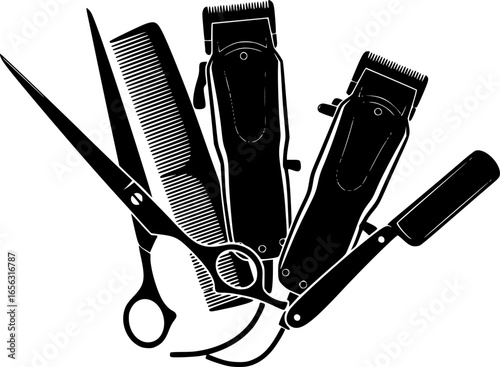 Barbering tools silhouette featuring scissors clippers comb and razor
