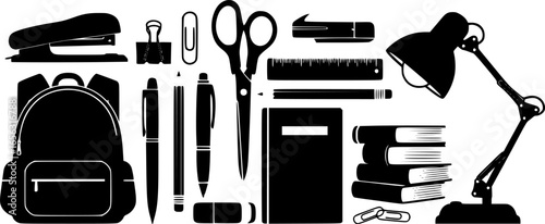 Black silhouette of essential office and school supplies
