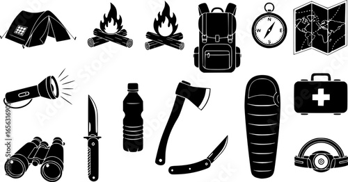 A collection of black silhouette icons representing essential camping equipment for outdoor adventures and survival.
