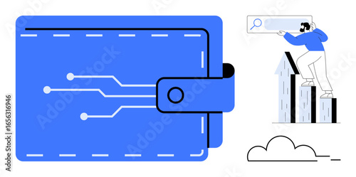 Closed digital wallet with circuit lines beside a figure searching for data on buildings. Ideal for finance, technology, data security, innovation, cryptocurrency, internet, modern design. Simple