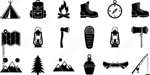 Collection of camping and outdoor adventure icons set
