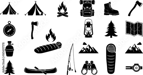 Collection of camping and outdoor adventure icons set
