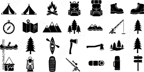Collection of camping and outdoor adventure icons set
