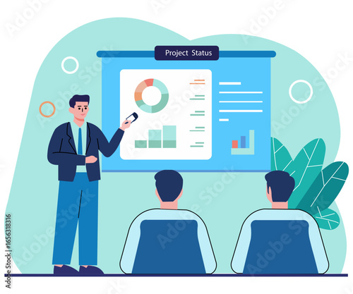 Minimal Flat Design Of Employee Presenting Project Status To Team On Projector Screen