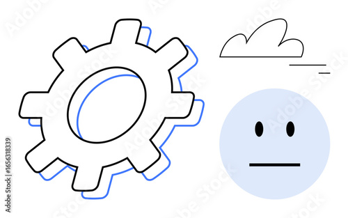 Gear and neutral face reflect process and emotion with a single cloudline suggesting balance. Ideal for teamwork, innovation, analysis, strategy, workflow, productivity, simple landing page