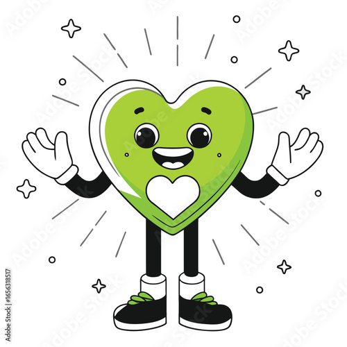 Green heart-shaped cartoon character with welcoming pose in radiant background. Joyful expression and welcoming gesture with radiating effect.