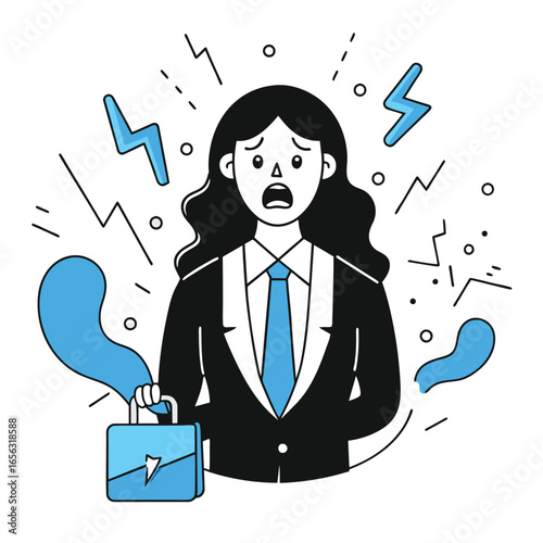 Female professional in business attire expressing shock while holding a security device in a modern, abstract setting. Stressed businesswoman with security concerns in the office.