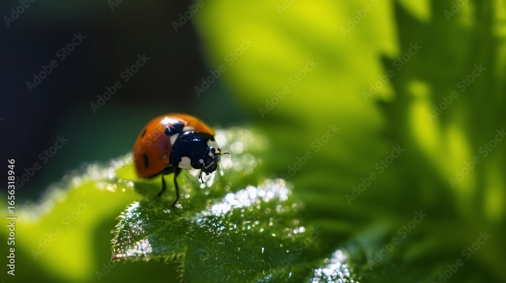 Fototapeta premium Macro ladybug on green leaf nature photography insect beetle close up wildlife garden summer outdoor detail tiny
