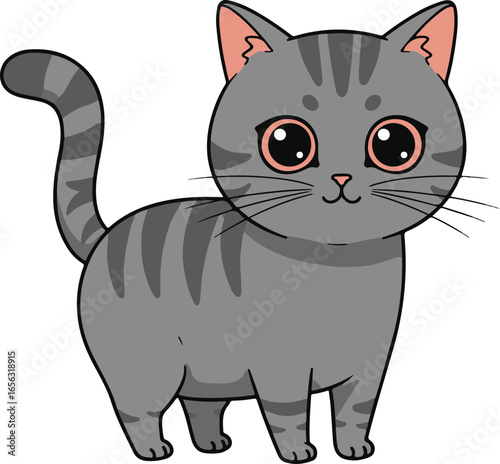 Charming Grey Tabby Kitten with Big Pink Eyes Standing on White Background animal feline