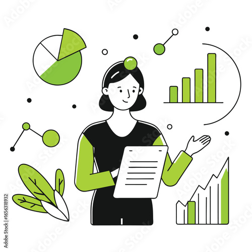 Young woman in casual attire presenting data analysis documents in a modern office setting. Female business professional presenting a report filled with insightful information and graphs.