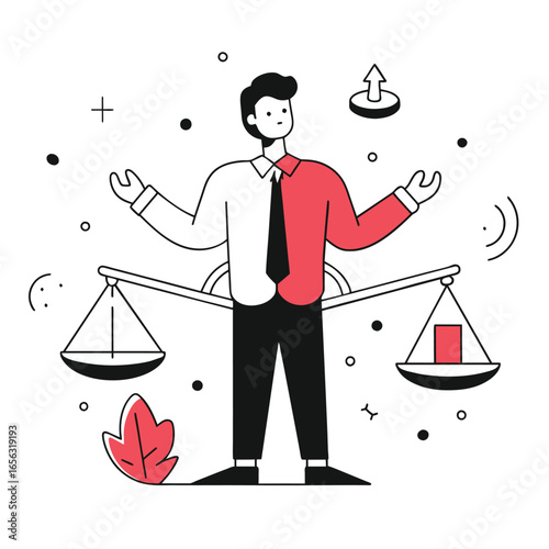Male professional balancing opposing forces in a business setting. Standing with arms outstretched and a scale representing decisions between choices.