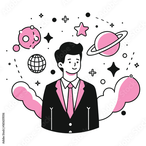 Man in business attire, young adult, standing confidently in a space-themed setting. Smiling professional in space exploration field. hypothetical space research center -