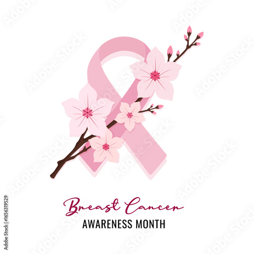Vector banner with pink ribbon and cherry blossom branch on white background, breast cancer awareness design symbolizing hope, prevention, women’s health, support and global oncology campaign.