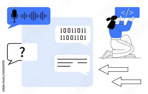 Microphone with soundwave, binary code, chat bubbles, arrows, and developer managing code. Ideal for software development, AI, coding, tech innovation machine learning communication tools simple