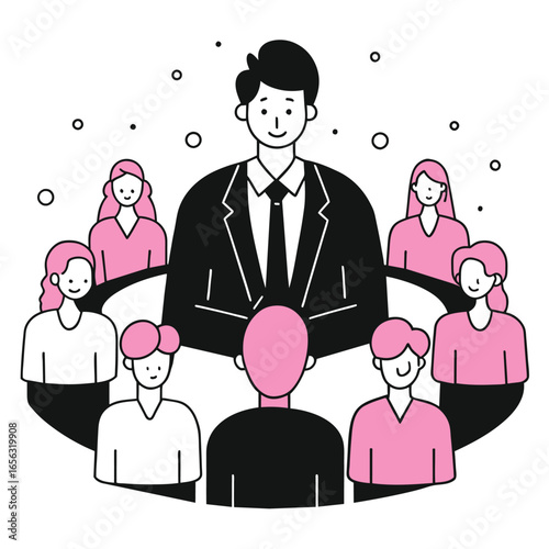 Business executive addressing a diverse group in a meeting setting. Leader in formal attire surrounded by employees in casual business attire, in a circular arrangement.
