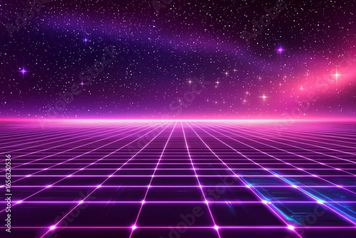 Neon grid background with glowing purple lines and starry sky, 80s retro gaming style with futuristic digital aesthetic