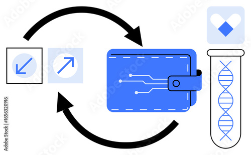 Wallet with circuitry linked to arrows representing exchange, DNA test tube symbolizing biotech, and heart icon. Ideal for finance, tech, bioinformatics, digital health, biotechnology, secure